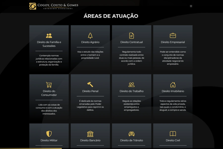 Página de área de atuação do site do CCG Advogados Associados